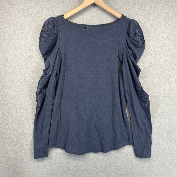 DG2 By Diane Tops - DG2 By Diane Gilman Top Women Size S Blue Cotton Blend Puff Sleeve Lace Pullover